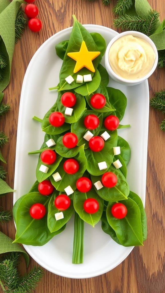 A colorful spinach Christmas tree appetizer with cherry tomatoes and cheese, ready for holiday festivities.